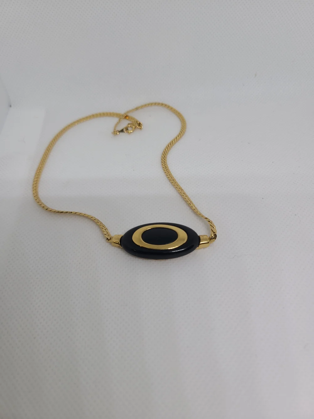 Vintage Crown Trifari Black Oval Focal Necklace MCM Gold Tone Signed